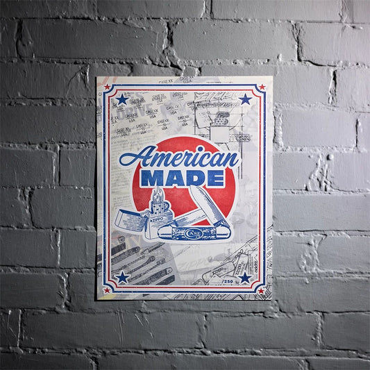 Front view of Zippo 250th Anniversary American Made Poster hanging on a grey brick wall. 

