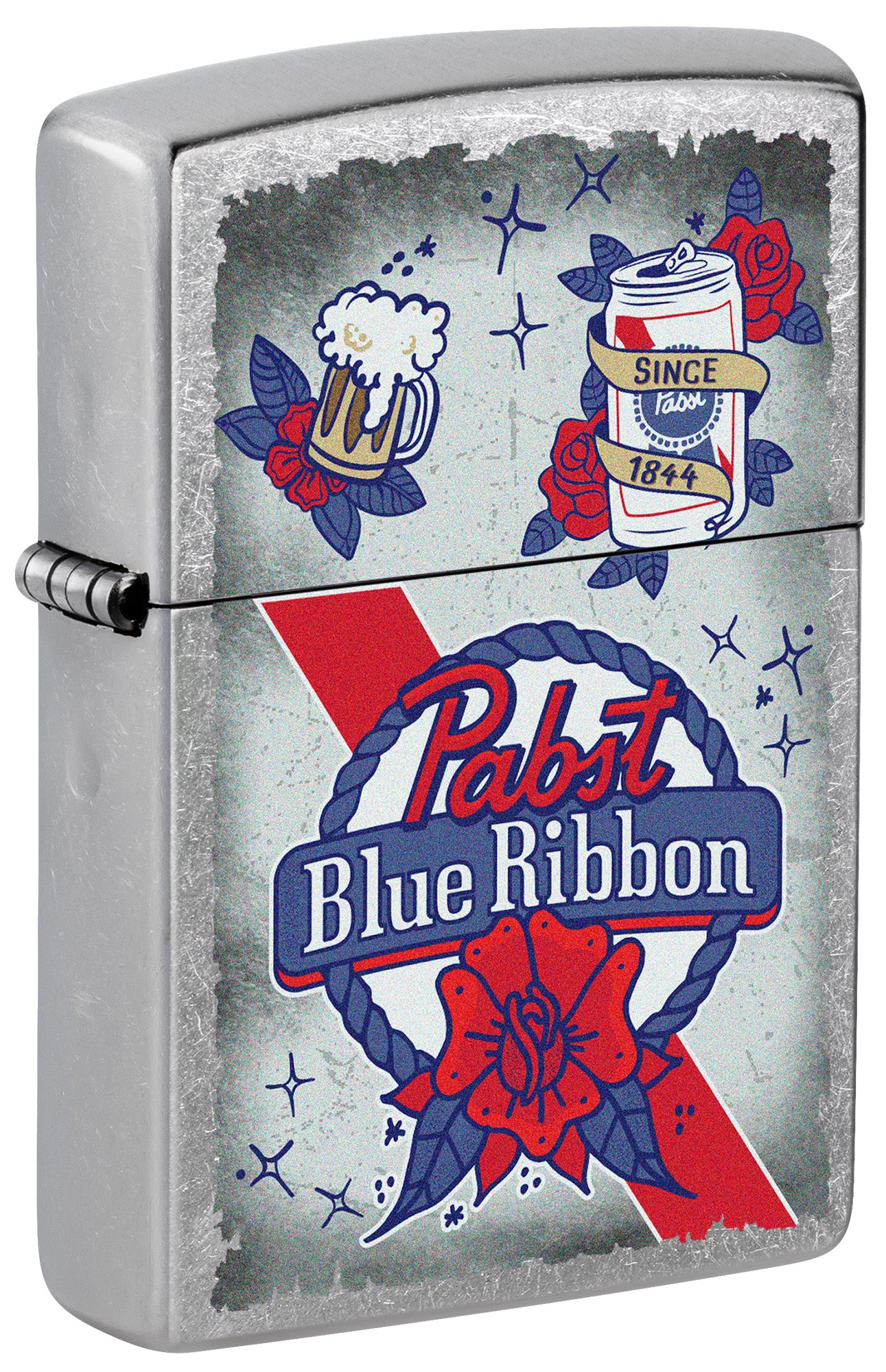Front shot of Pabst Blue Ribbon® Artwork Design Street Chrome Windproof Lighter standing at a 3/4 angle.




