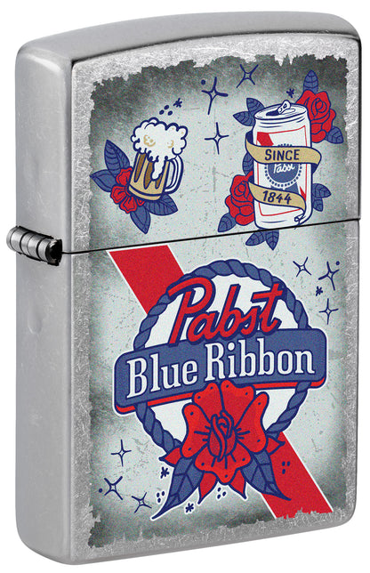 Front shot of Pabst Blue Ribbon® Artwork Design Street Chrome Windproof Lighter standing at a 3/4 angle.



