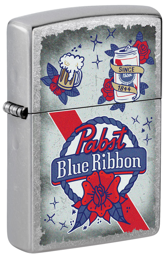 Front shot of Pabst Blue Ribbon® Artwork Design Street Chrome Windproof Lighter standing at a 3/4 angle.



