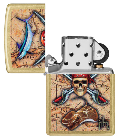 Zippo Guy Harvey Regular Street Brass Windproof Lighter with its lid open and unlit.