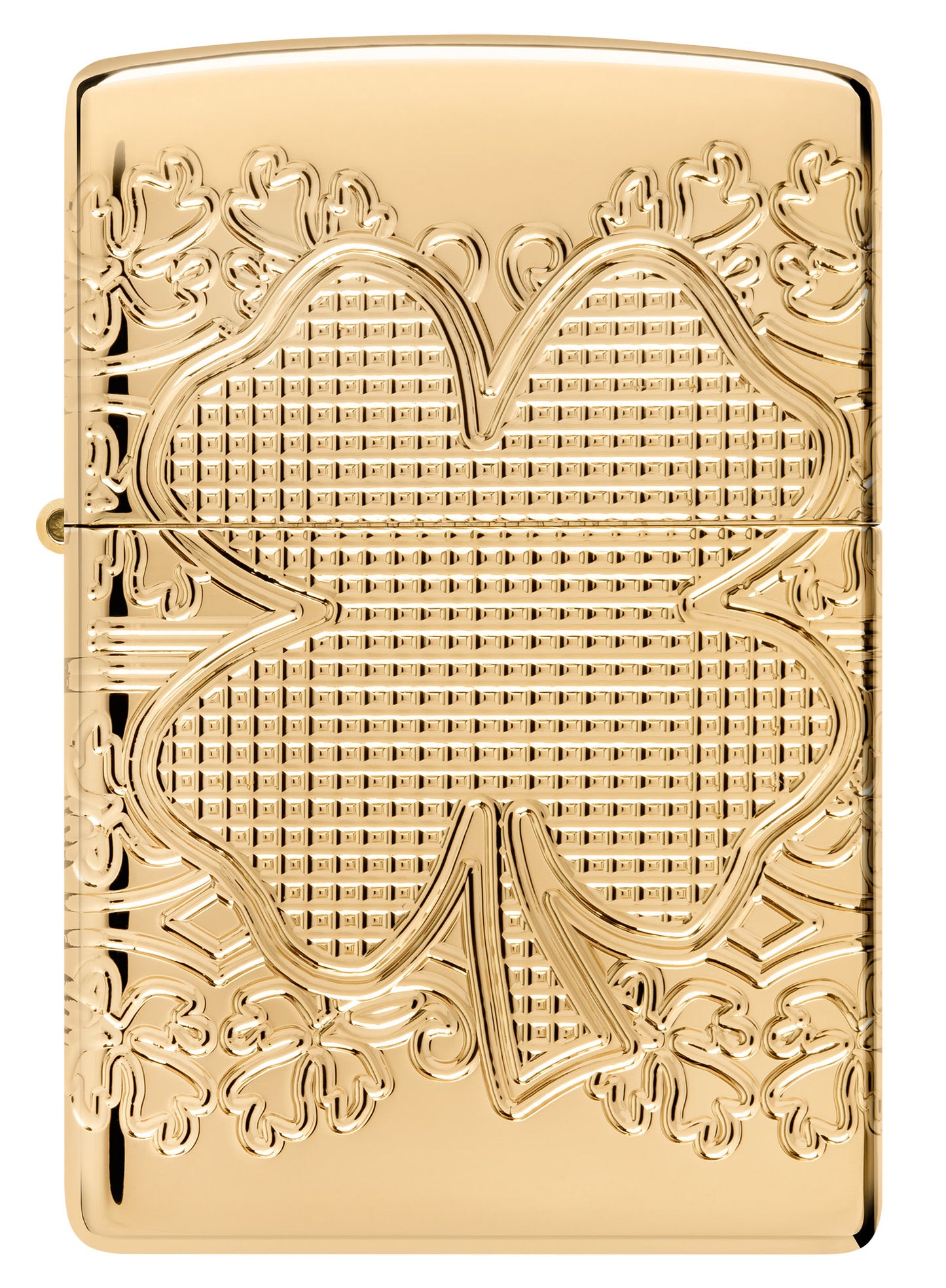 Front view of Zippo Lucky Clover Design Armor® High Polish Gold Plate Windproof Lighter.