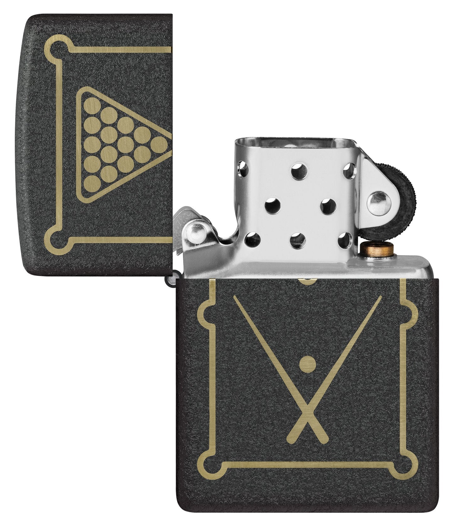 Zippo Billiards Design Black Crackle Windproof Lighter with its lid open and unlit.