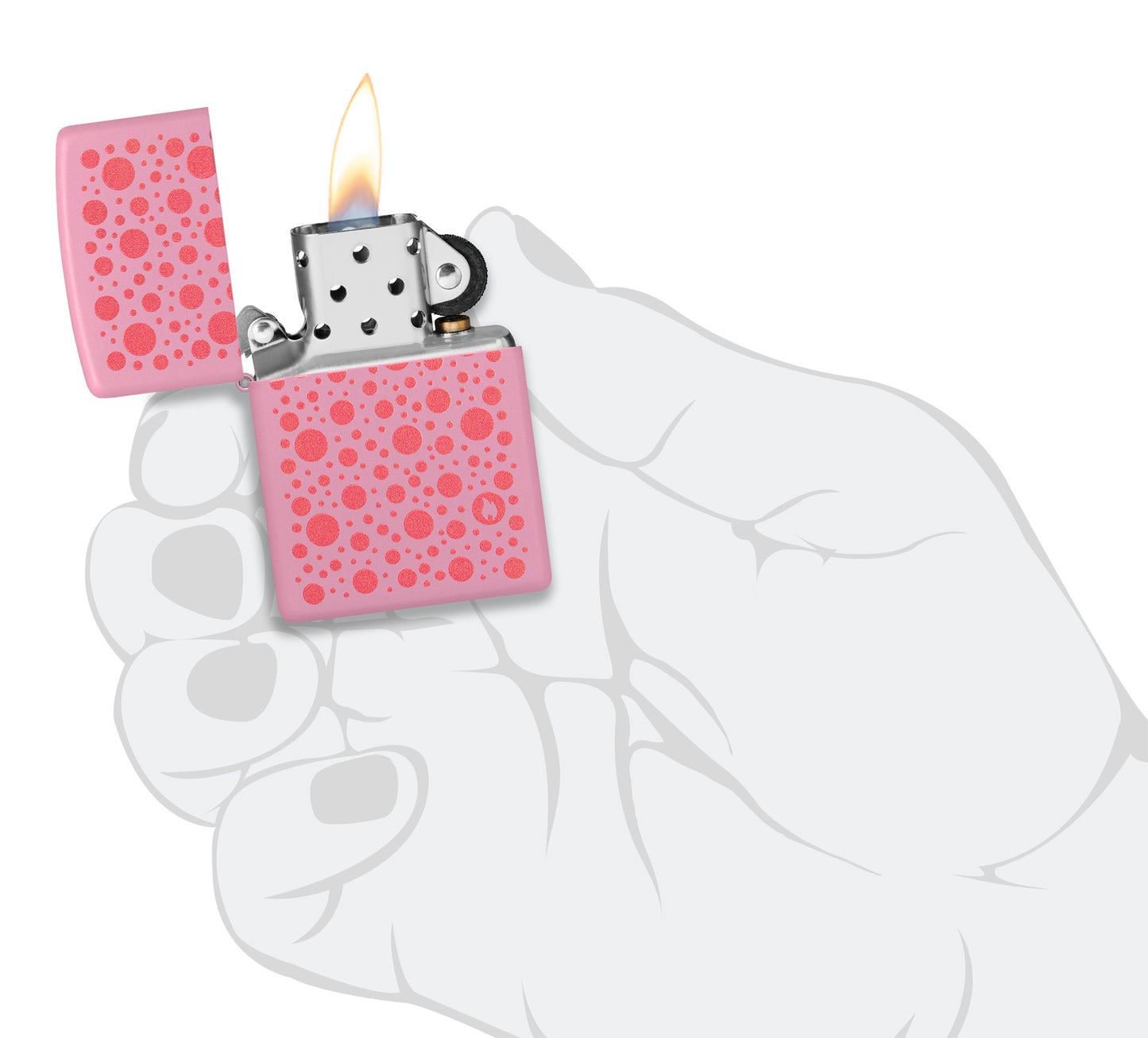 Zippo Polka Dot Design Pink Matte Windproof Lighter lit in hand.