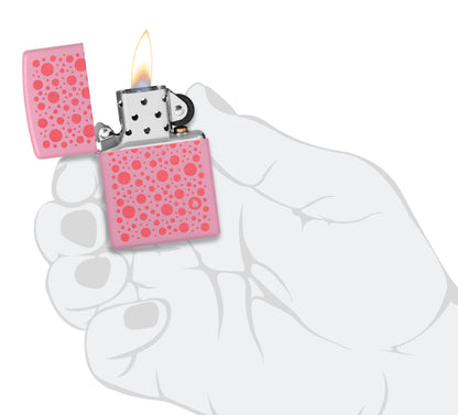 Zippo Polka Dot Design Pink Matte Windproof Lighter lit in hand.