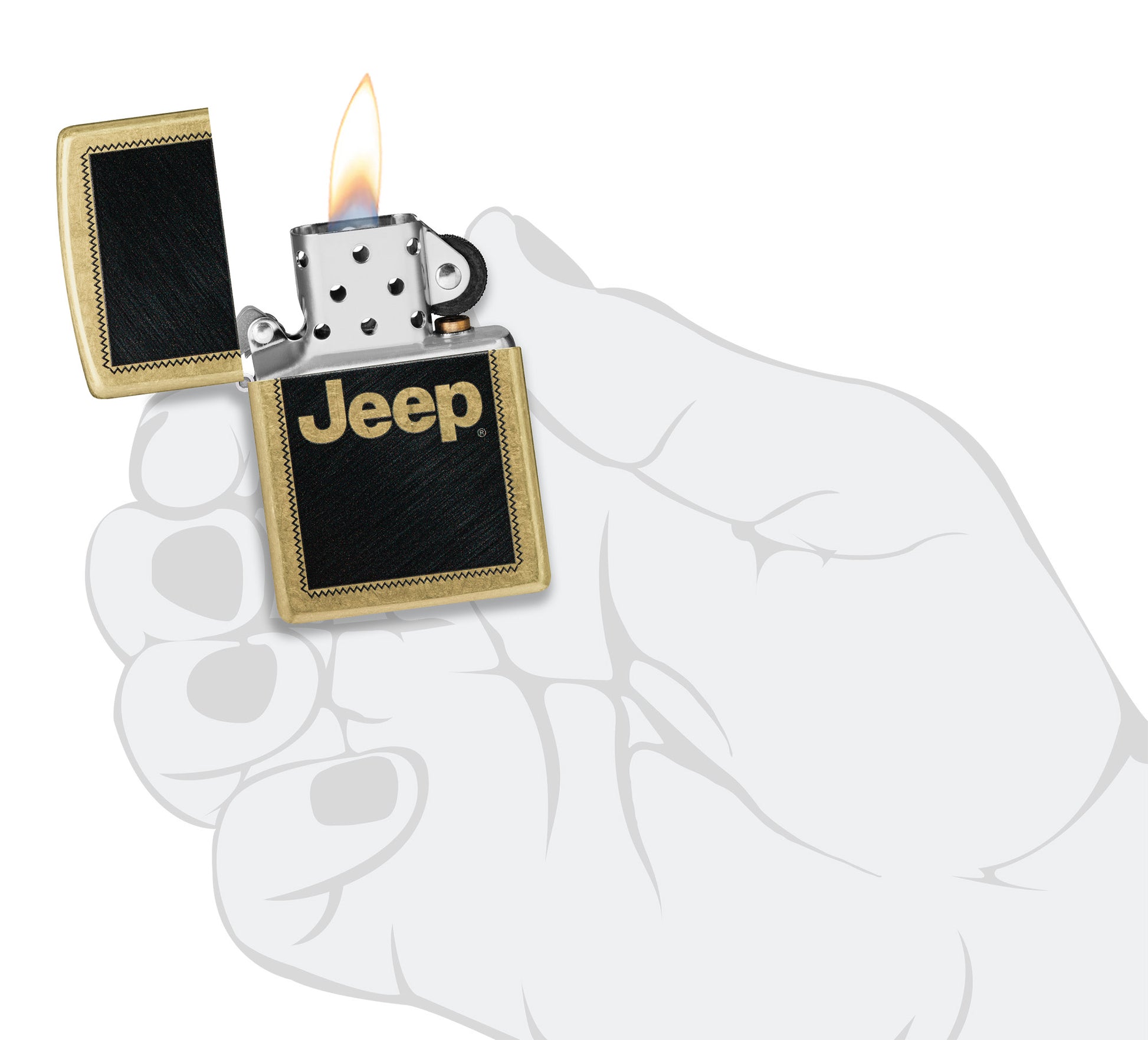 Zippo Jeep Stamp Design Regular Street Brass Windproof Lighter lit in hand.