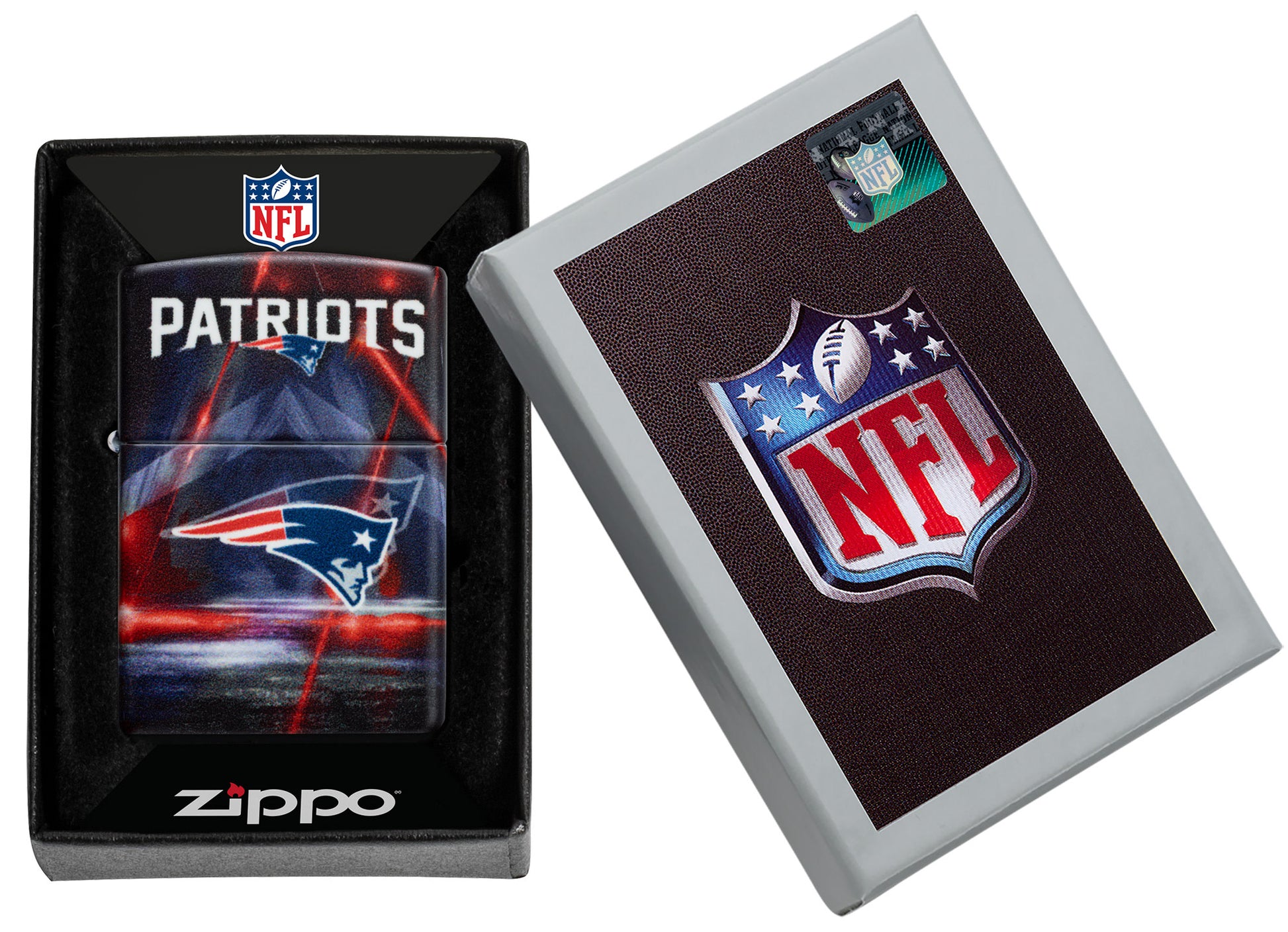 Zippo NFL New England Patriots 540 Matte Windproof Lighter in its packaging.