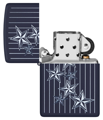 Americana Star Design Navy Matte Windproof Lighter with its lid open and unlit.