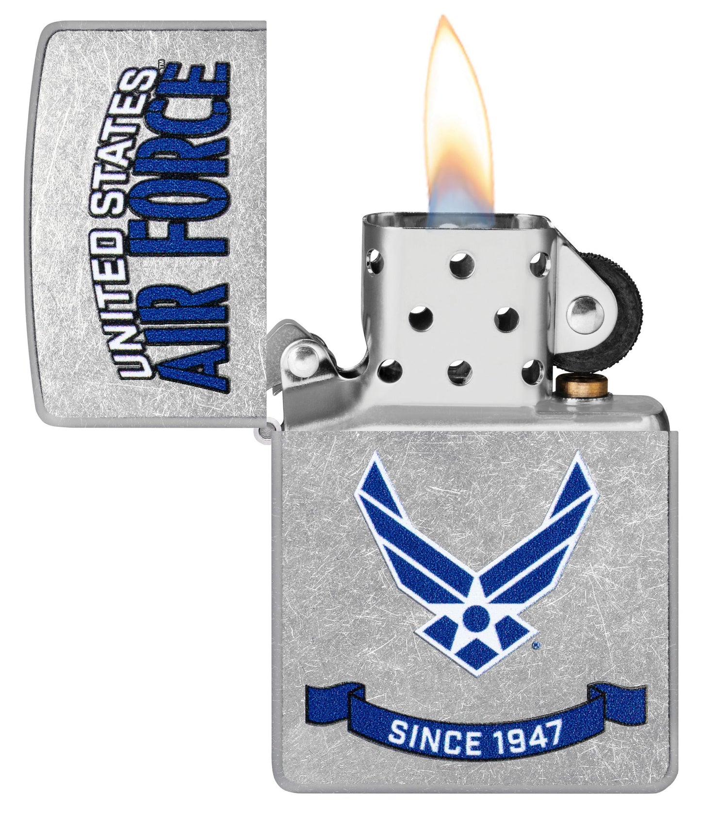 Zippo U.S. Air Force™ Banner Design Street Chrome Windproof Lighter with its lid open and lit.