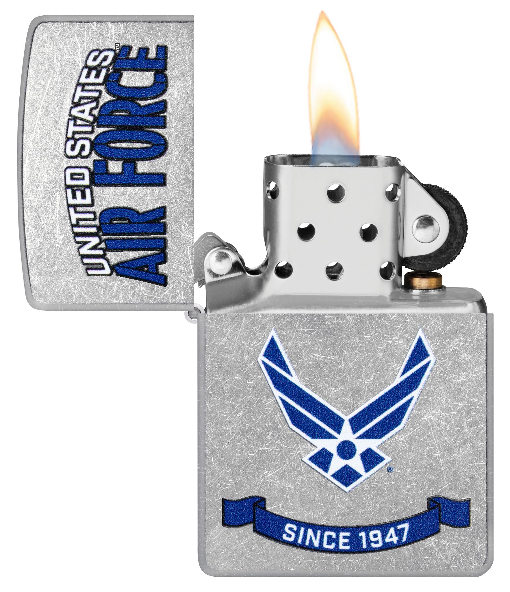 Zippo U.S. Air Force™ Banner Design Street Chrome Windproof Lighter with its lid open and lit.
