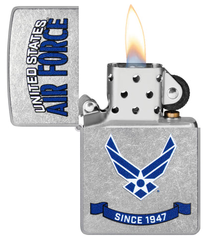 Zippo U.S. Air Force™ Banner Design Street Chrome Windproof Lighter with its lid open and lit.