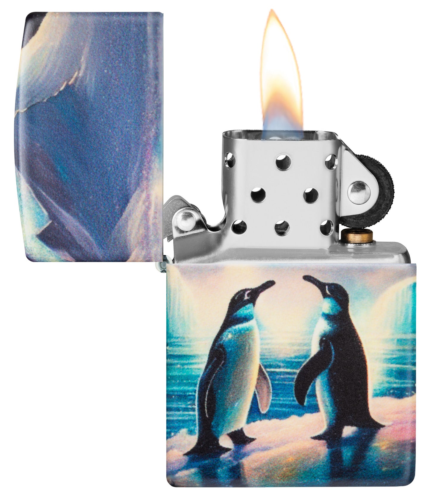 Zippo Penguin Design Glow in the Dark Green Matte Windproof Lighter with its lid open and lit.