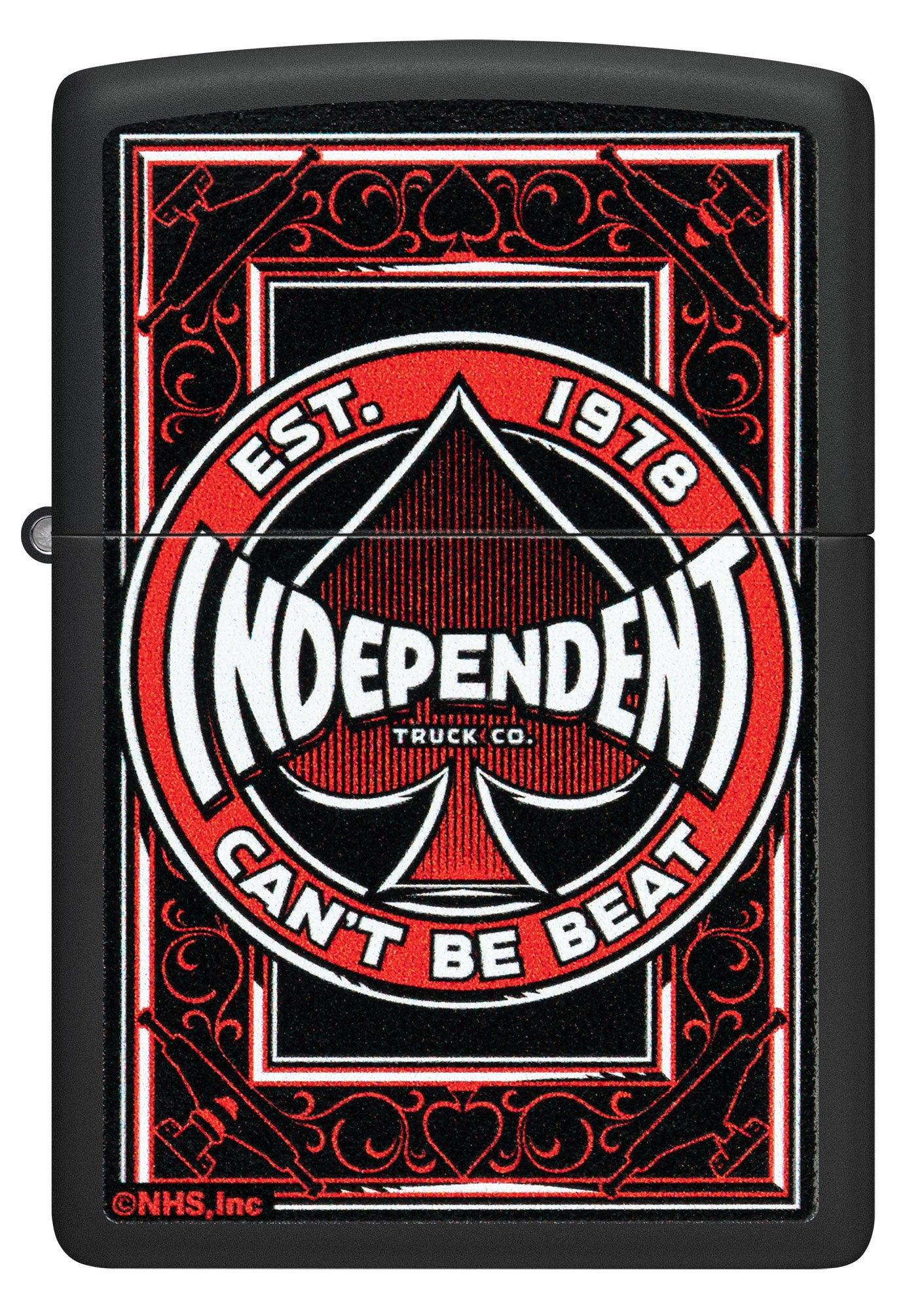 Front view of Zippo Independent Trucks Design Black Matte Windproof Lighter.