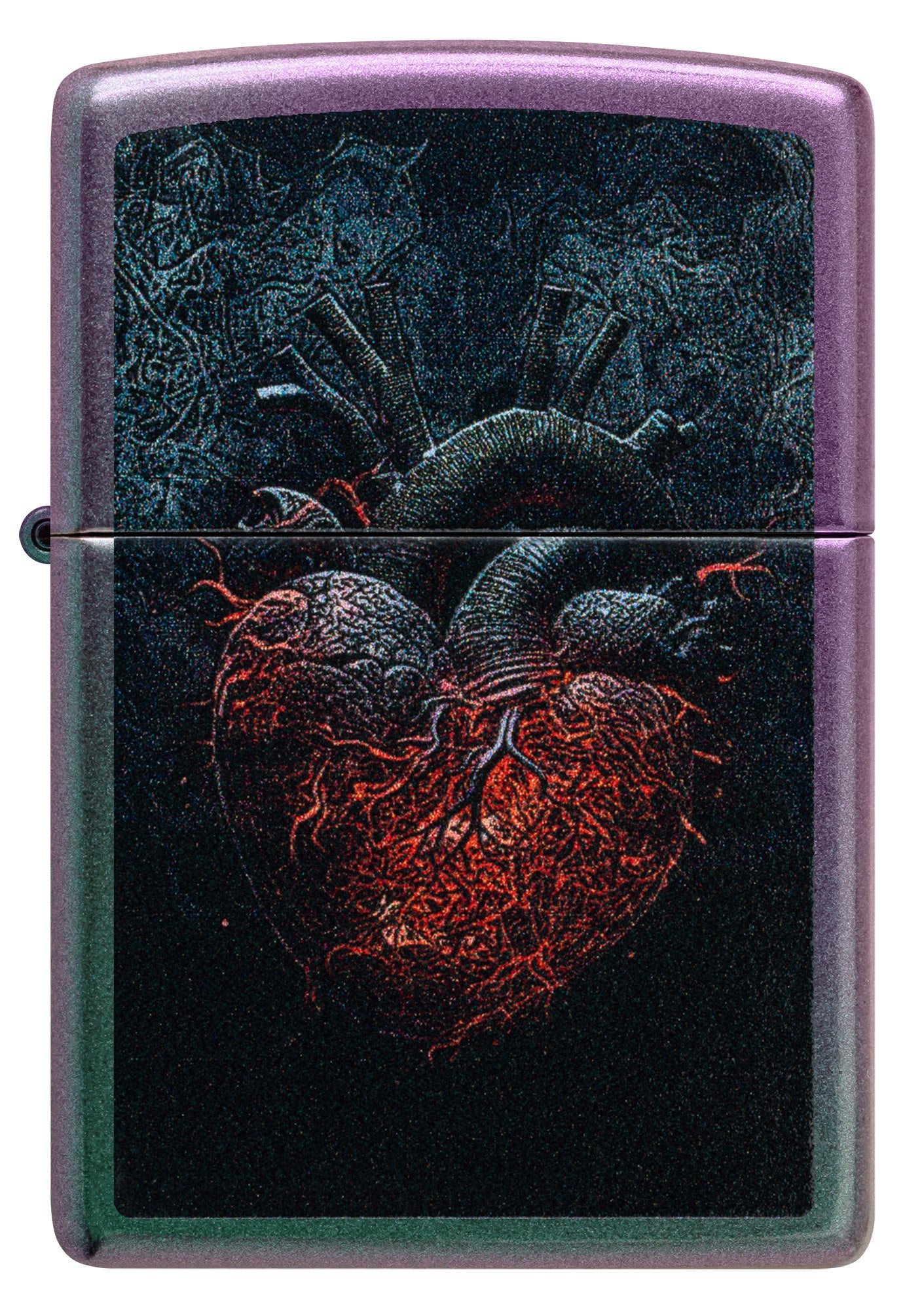 Front view of Zippo Dark Heart Design Iridescent Windproof Lighter.