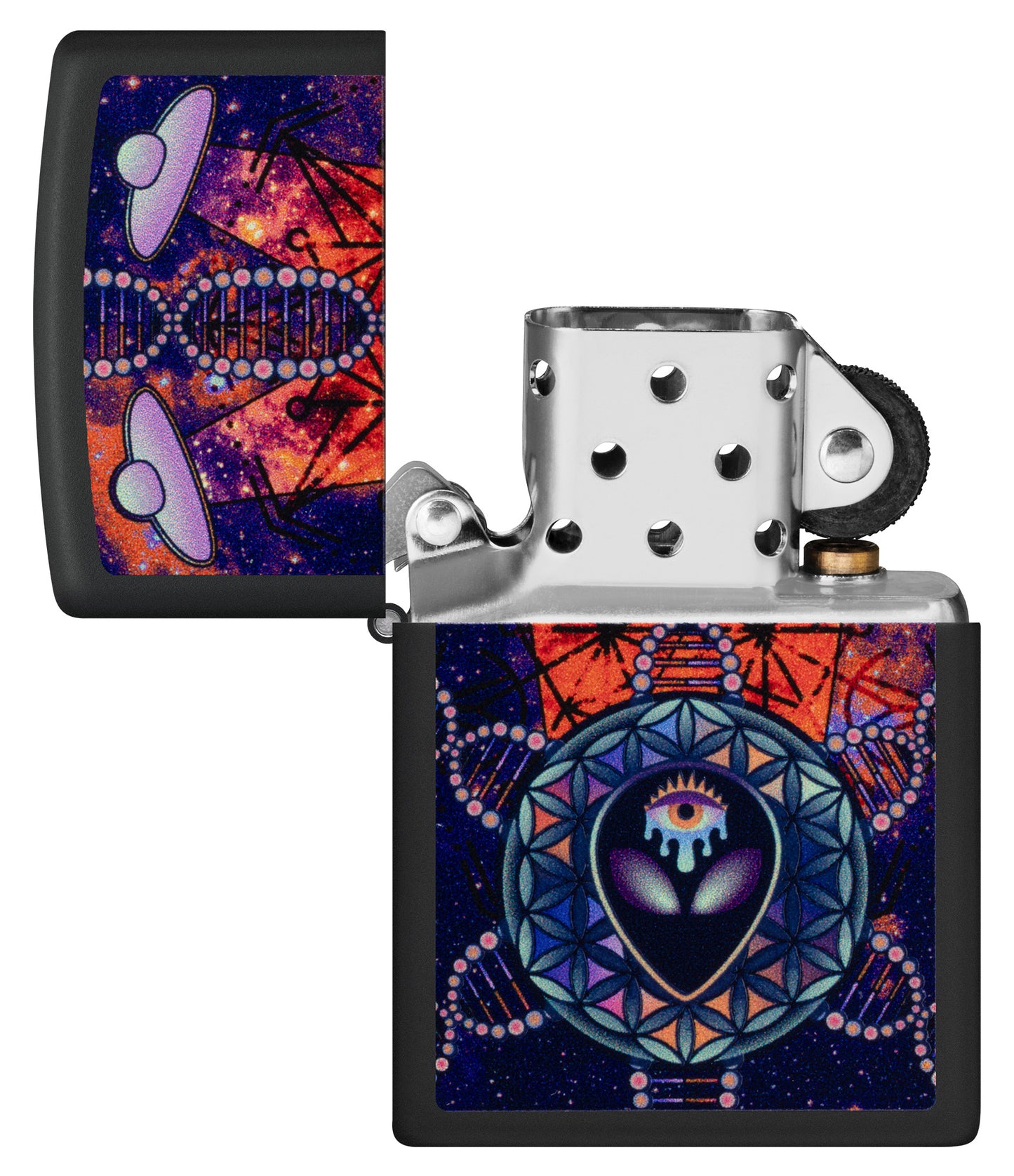 Zippo All Seeing Alien Design Black Matte Windproof Lighter with its lid open and unlit.


