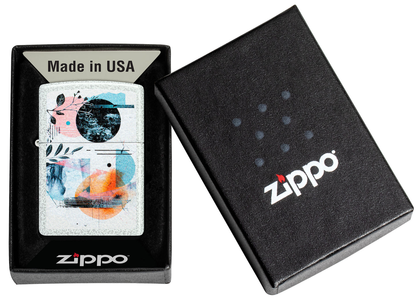 Zippo Abstract Collage Design Glacier Windproof Lighter in its packaging.