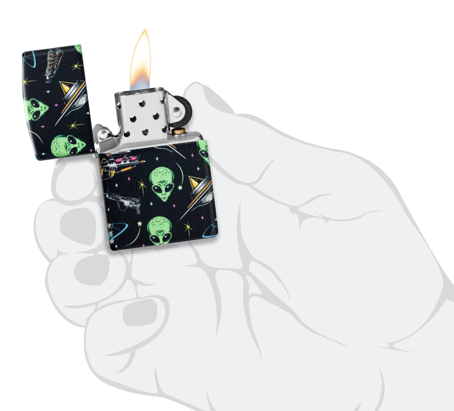 Zippo Alien Pattern Design 540 Matte Windproof Lighter lit in hand.