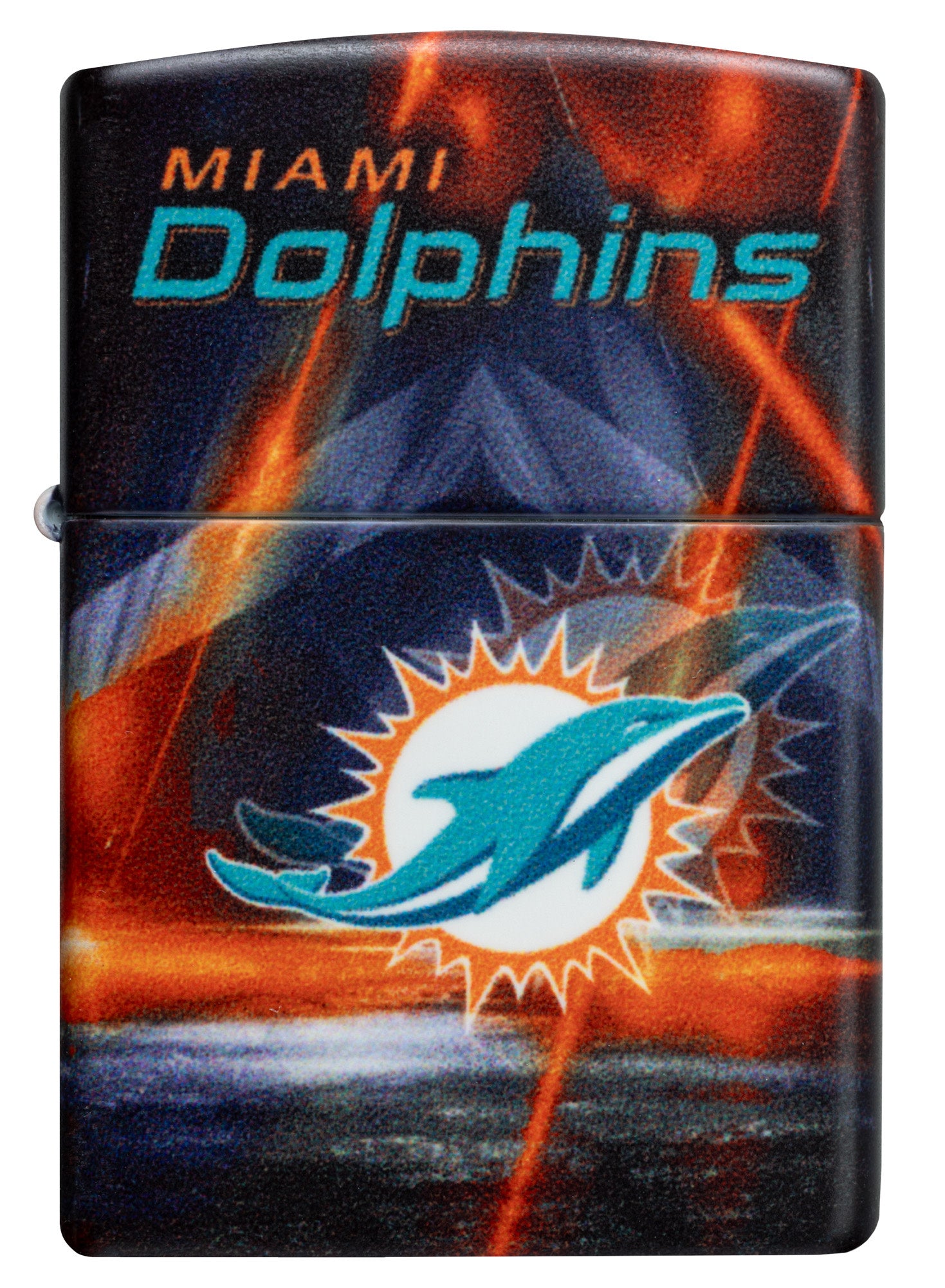 Front view of Zippo NFL Miami Dolphins 540 Matte Windproof Lighter.