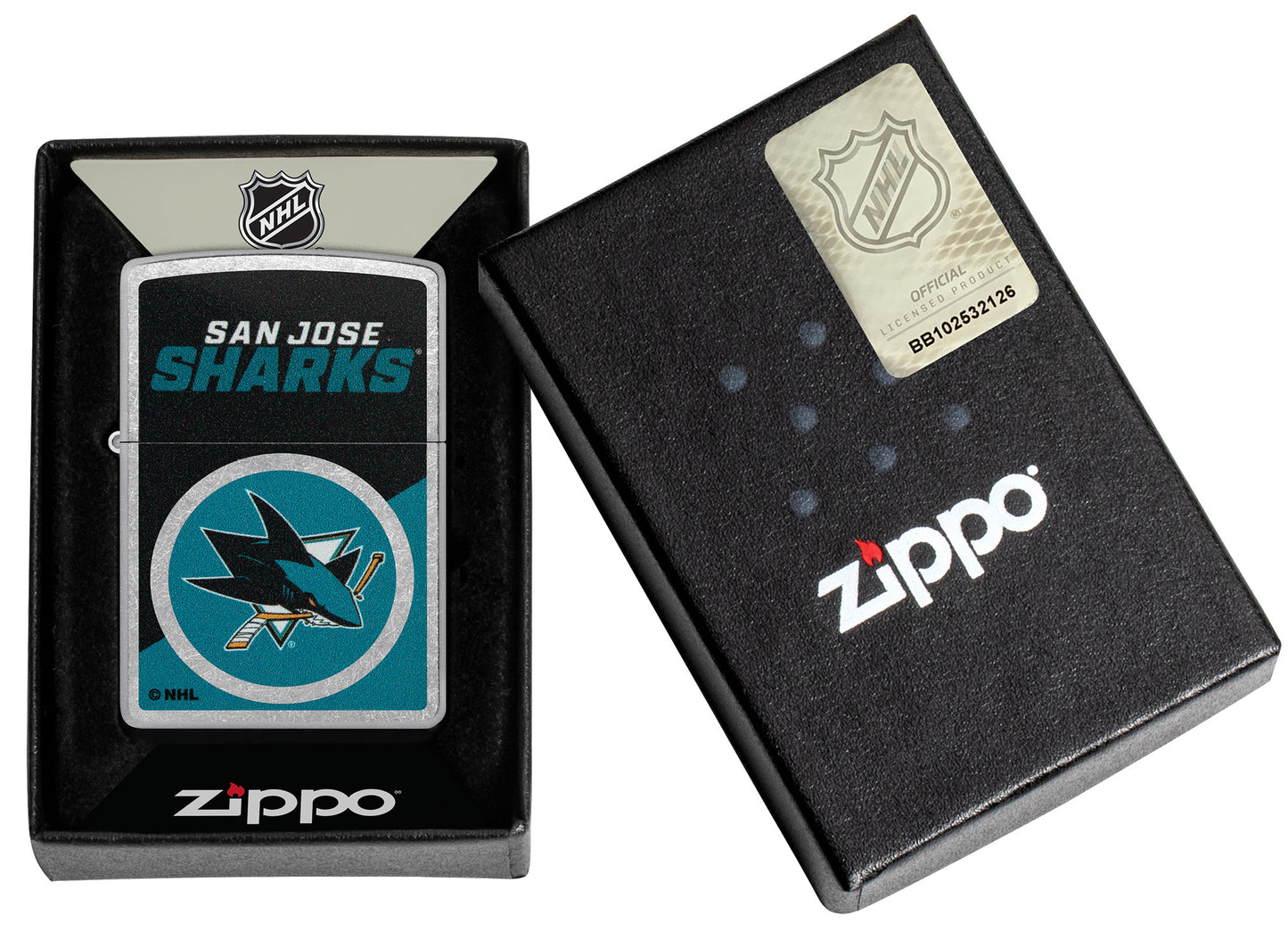 Zippo NHL® San Jose Sharks® 2024 Street Chrome™ Windproof Lighter in its packaging.