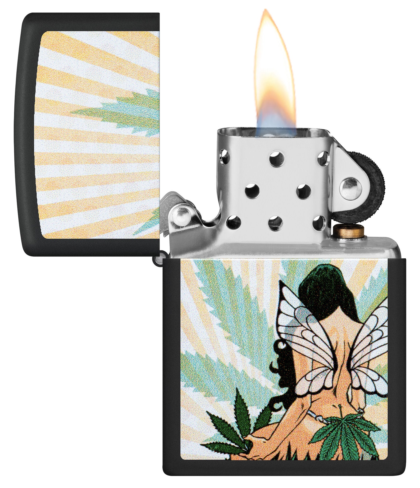 Zippo Cannabis Fairy Design Black Matte Windproof Lighter with its lid open and lit.