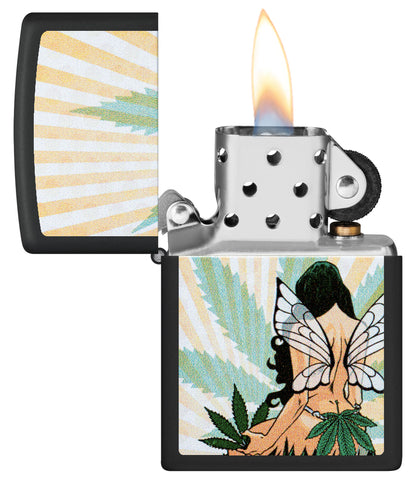 Zippo Cannabis Fairy Design Black Matte Windproof Lighter with its lid open and lit.