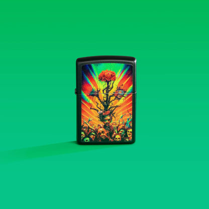 Lifestyle image of Zippo Abstract Zombie Black Matte Windproof Lighter on a green background.