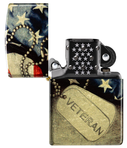 Zippo Veterans Commemorative 540 Tumbled Brass Windproof Lighter with its lid open and unlit.