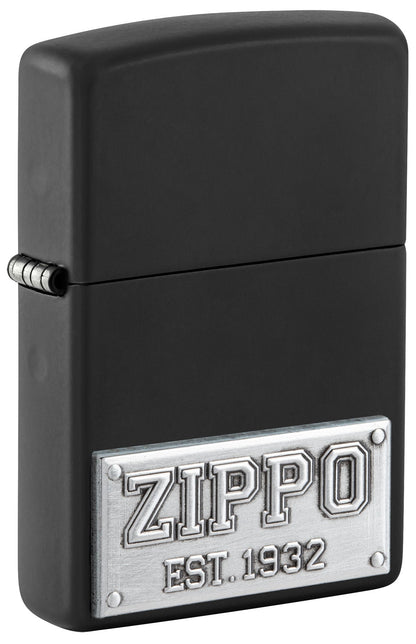 Front shot of Zippo Wolf Emblem Design Brushed Chrome Windproof Lighter standing at a 3/4 angle.