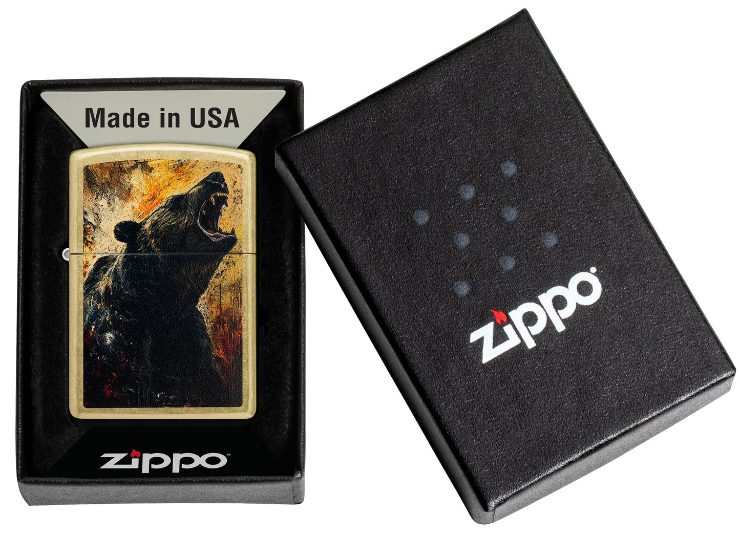 Zippo Grizzly Roar Design Street Brass Windproof Lighter in its packaging.