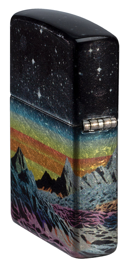 Angled shot of Zippo Space in Color Design 540 Tumbled Chrome Windproof Lighter showing the back and hinge side of the lighter.