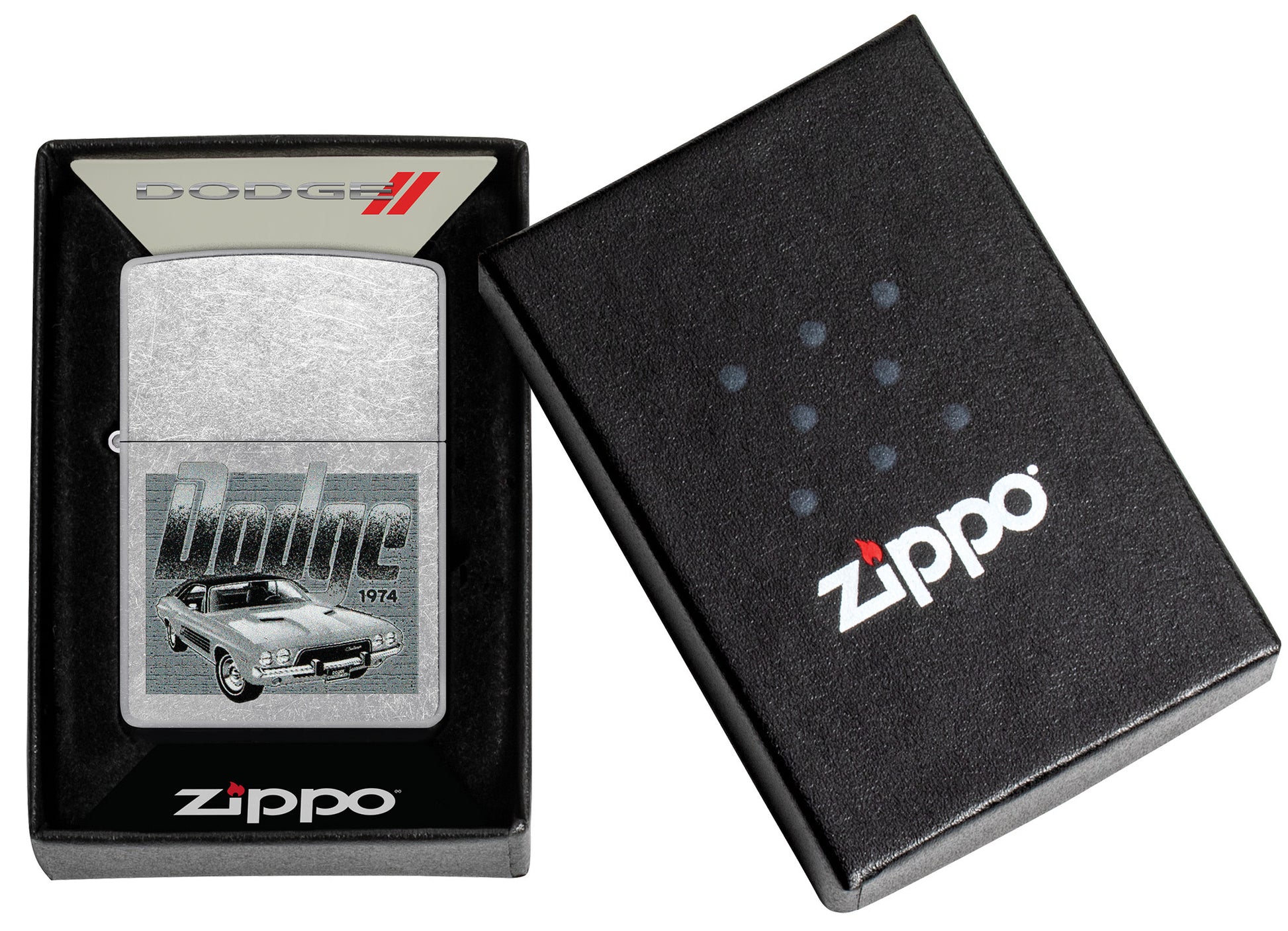 Zippo Dodge Challenger Design Street Chrome Windproof Lighter in its packaging.