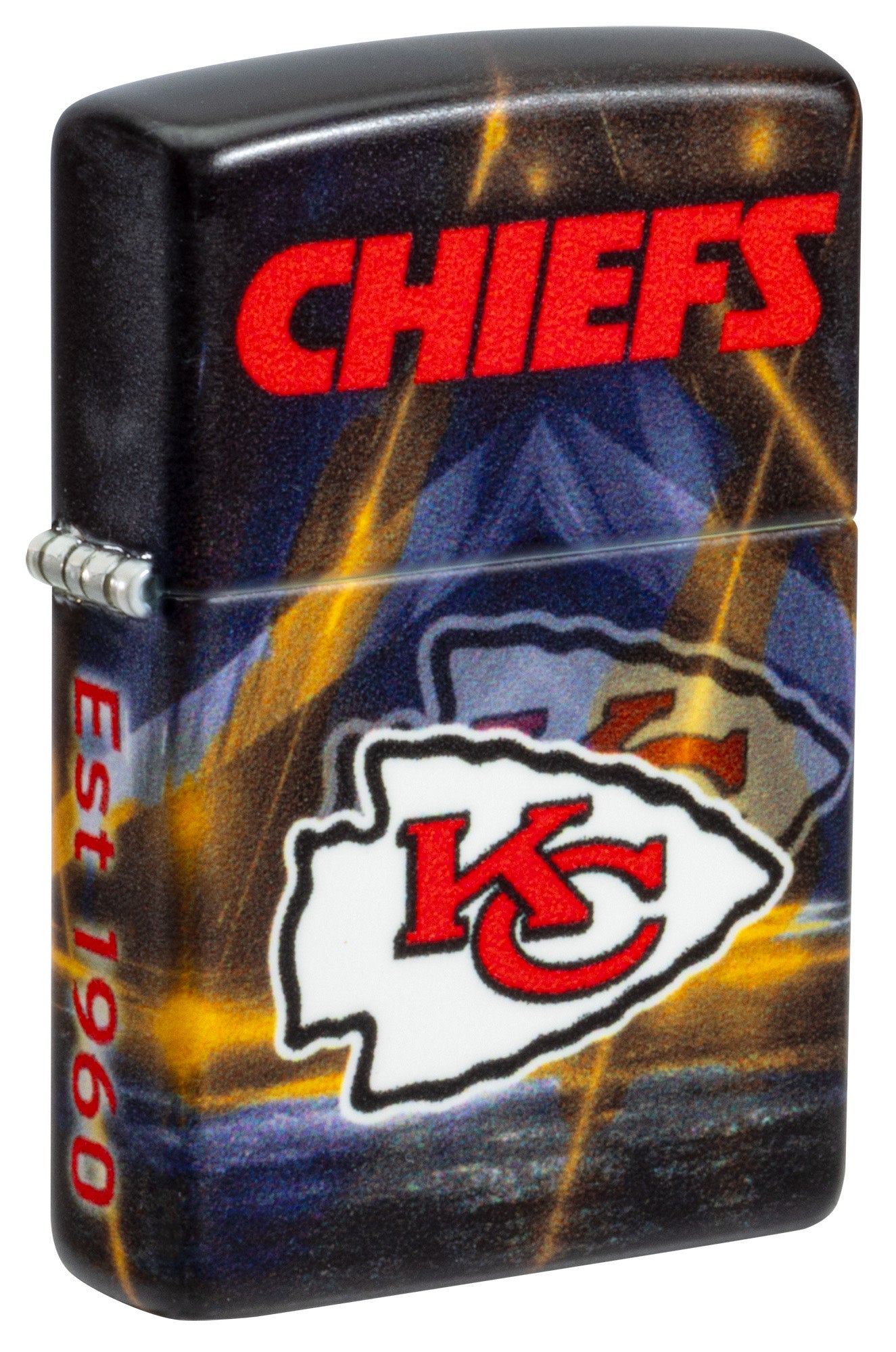 Front shot of Zippo NFL Kansas City Chiefs 540 Matte Windproof Lighter standing at a 3/4 angle.