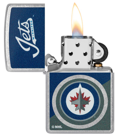 Zippo NHL® Winnipeg Jets™ 2024 Street Chrome™ Windproof Lighter with its lid open and unlit.