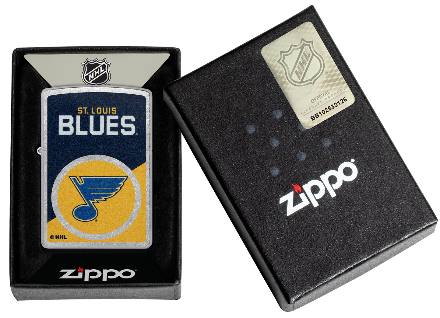 Zippo NHL® St. Louis Blues® 2024 Street Chrome™ Windproof Lighter in its packaging.