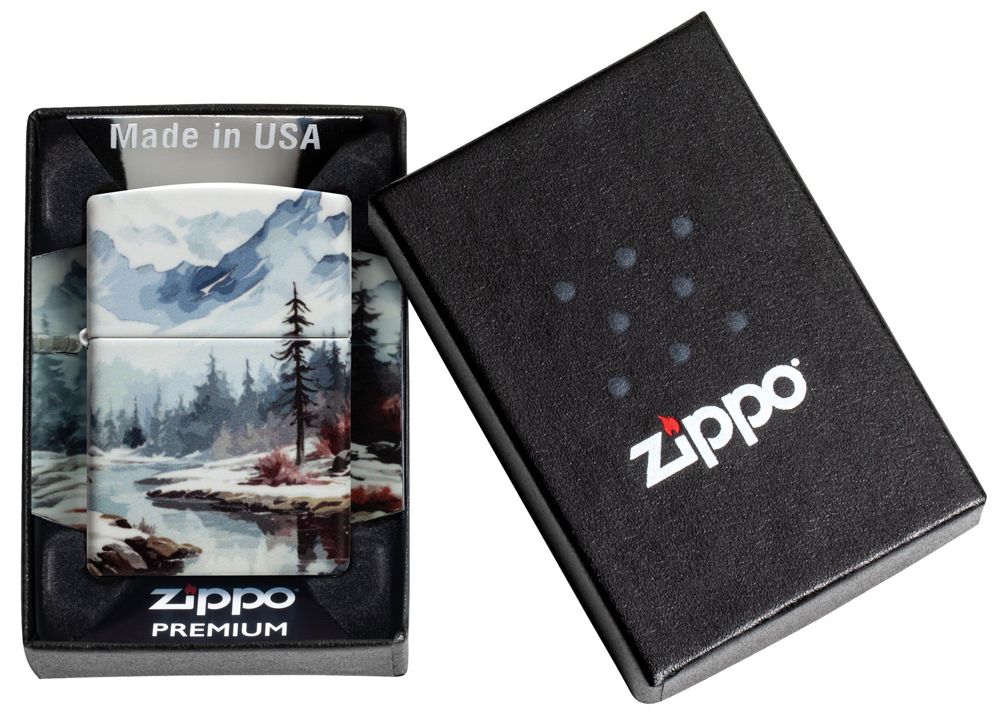 Zippo Frozen Valley Design 540 Matte Windproof Lighter in its packaging.