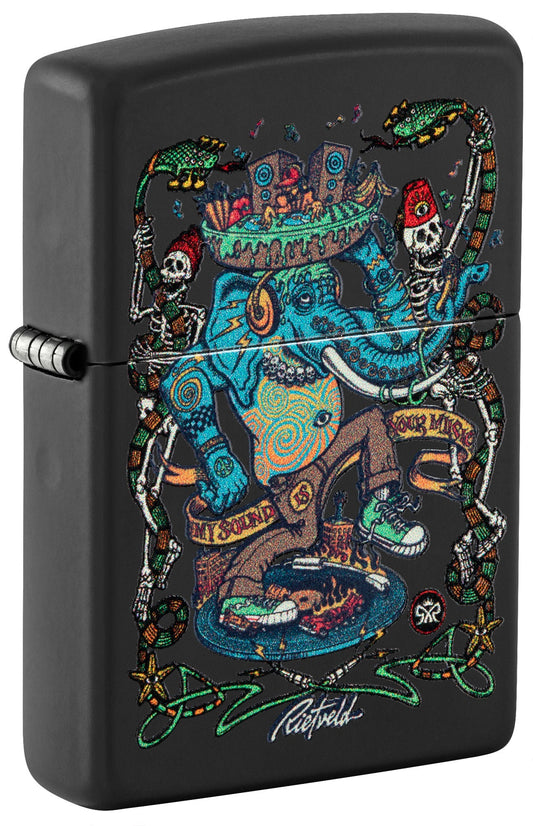 Front shot of Zippo Black Light Rick Rietveld Design Black Martte Windproof Lighter standing at a 3/4 angle.