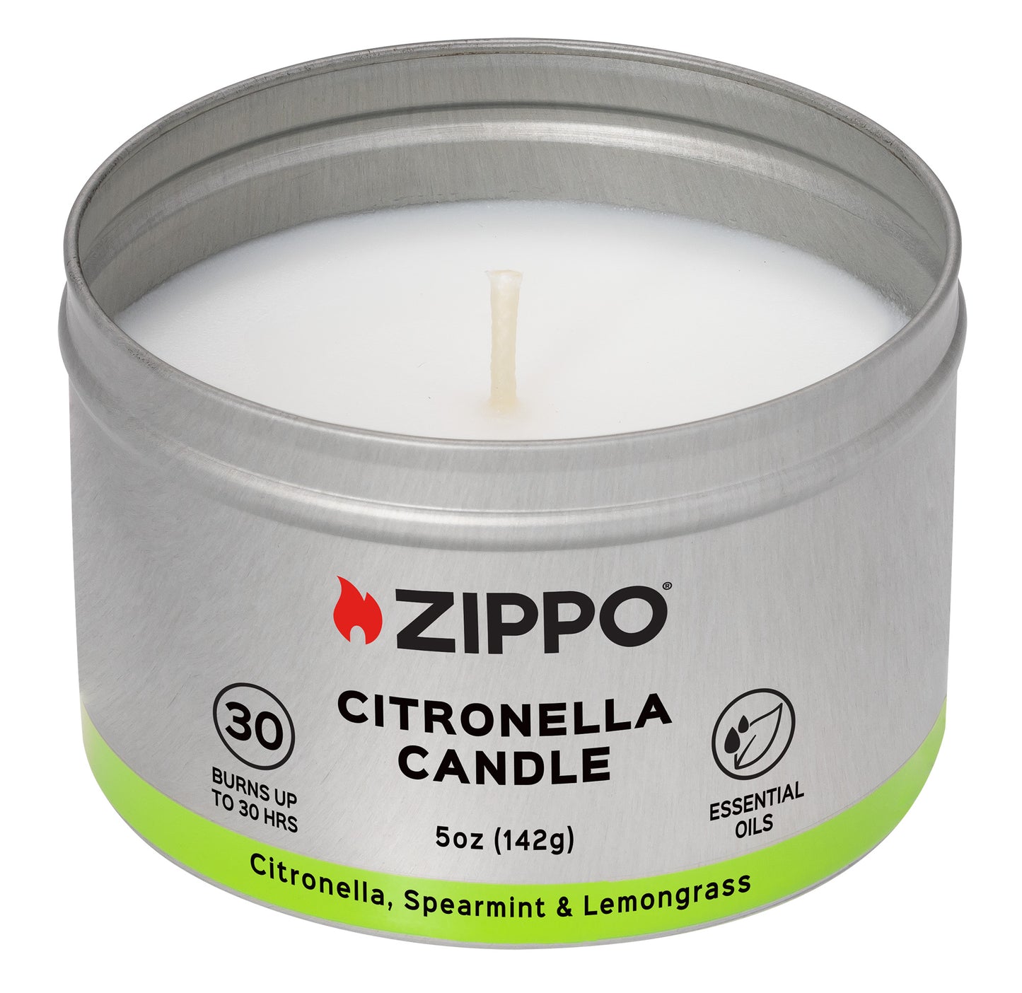 Front view of Zippo Citronella Candle - Spearmint and Lemongrass unlit without the lid. 
