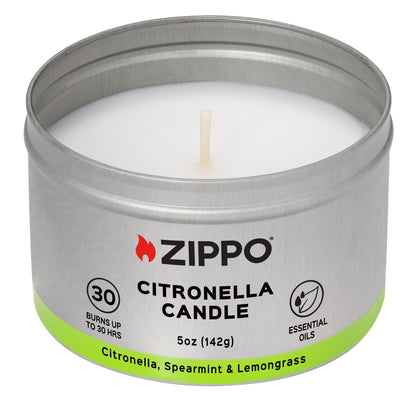 Front view of Zippo Citronella Candle - Spearmint and Lemongrass unlit without the lid. 
