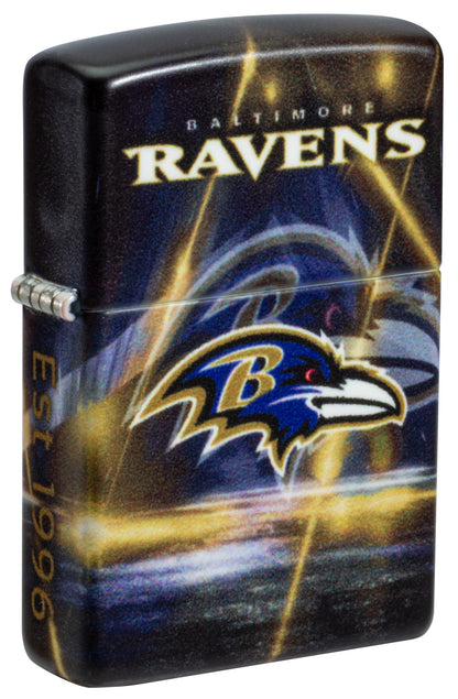 Front shot of Zippo NFL Baltimore Ravens 540 Matte Windproof Lighter standing at a 3/4 angle.