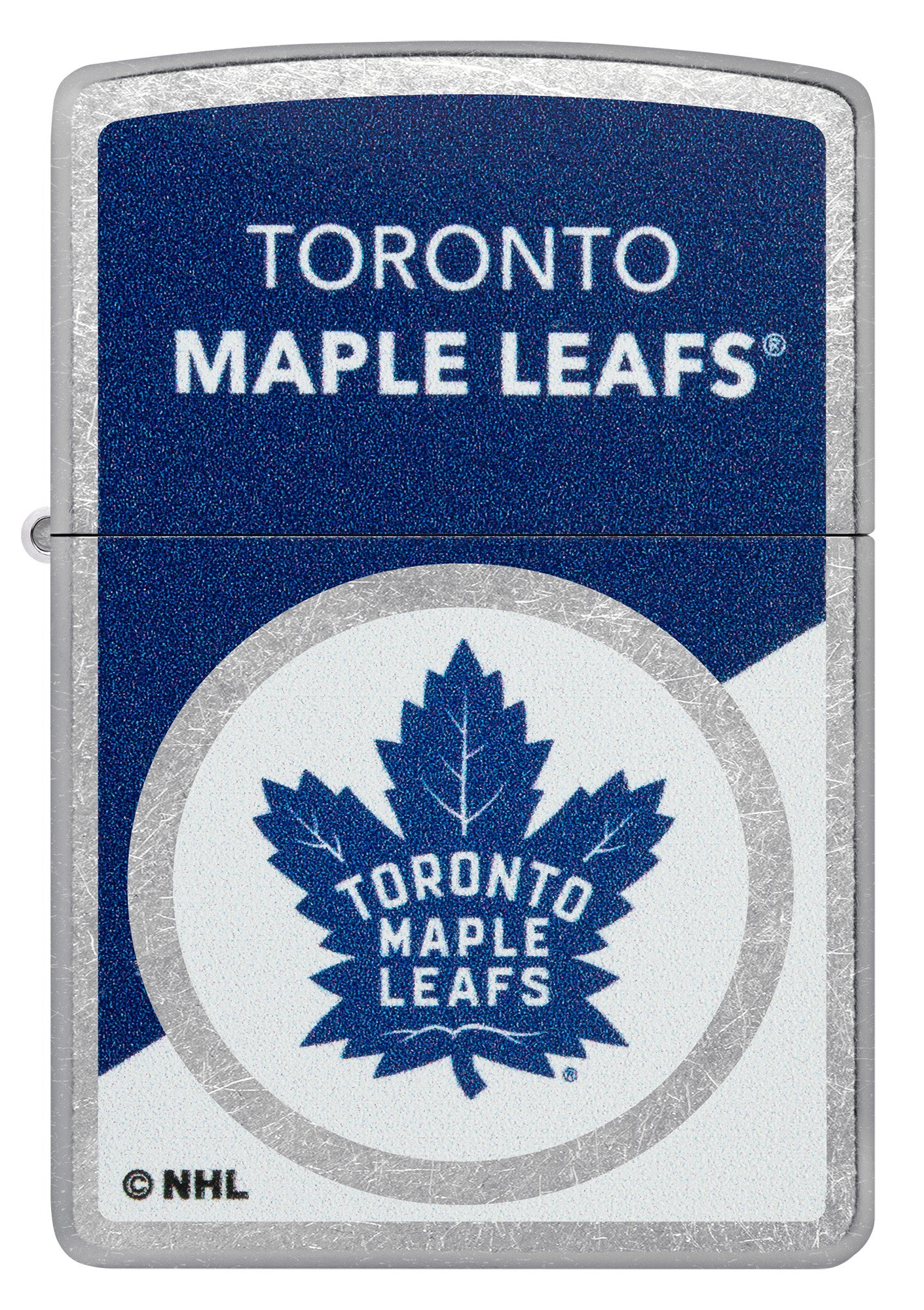 Zippo NHL® Toronto Maple Leafs® 2024 Street Chrome™ Windproof Lighter with its lid open and lit.