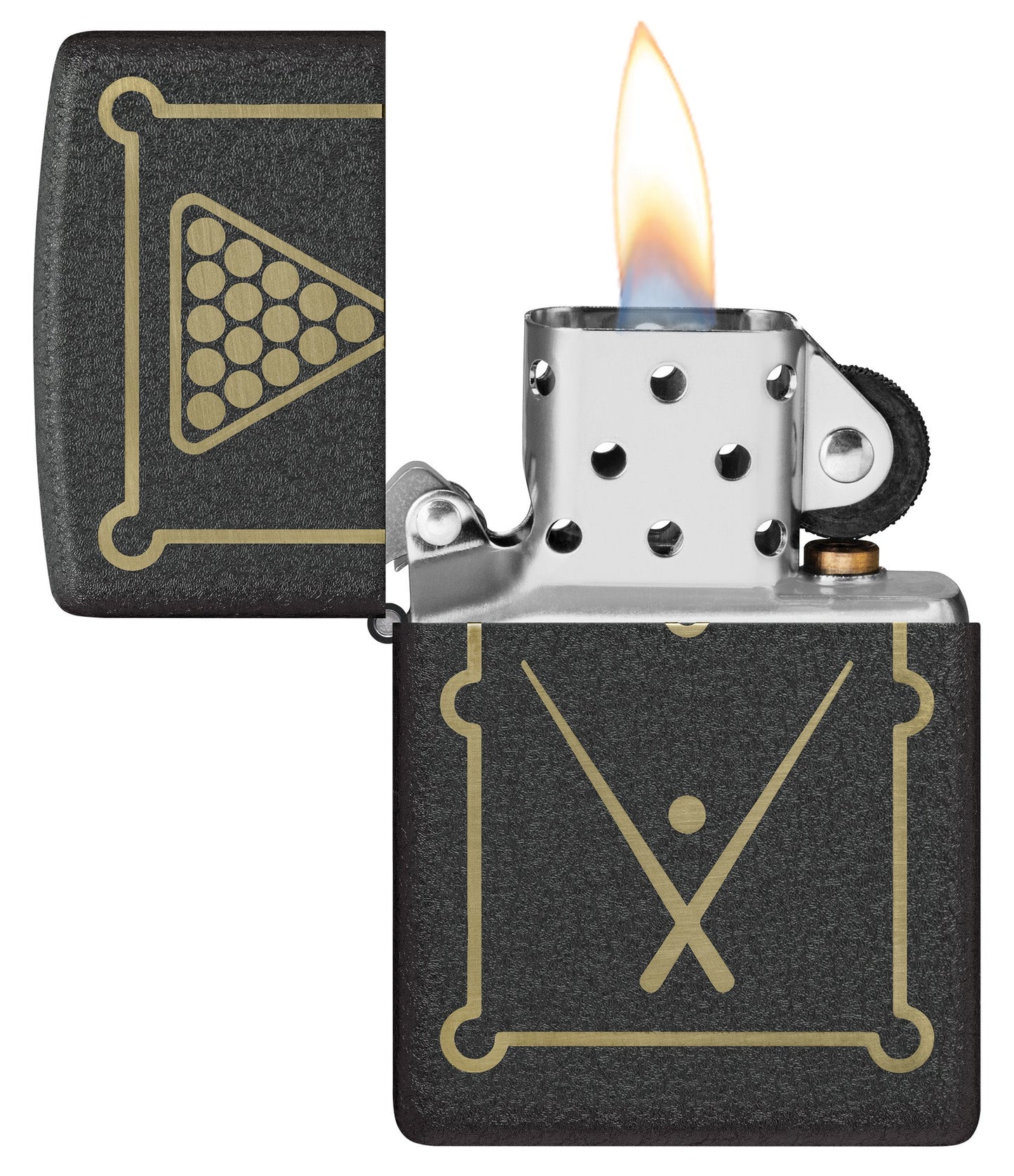 Zippo Billiards Design Black Crackle Windproof Lighter with its lid open and lit.