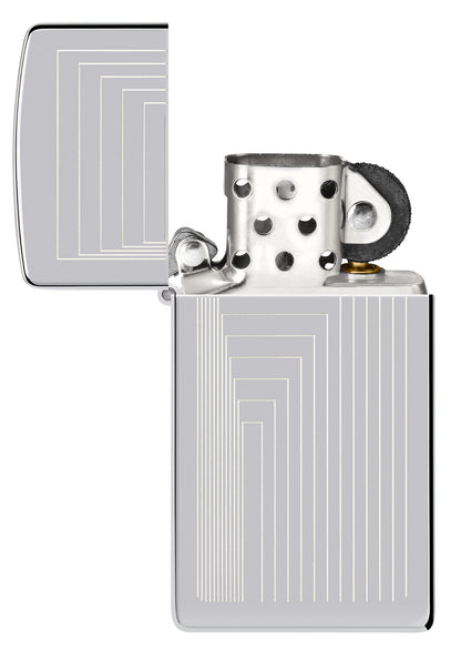 Zippo Slim® Laser Pattern Design High Polish Chrome Windproof Lighter with its lid open and unlit.