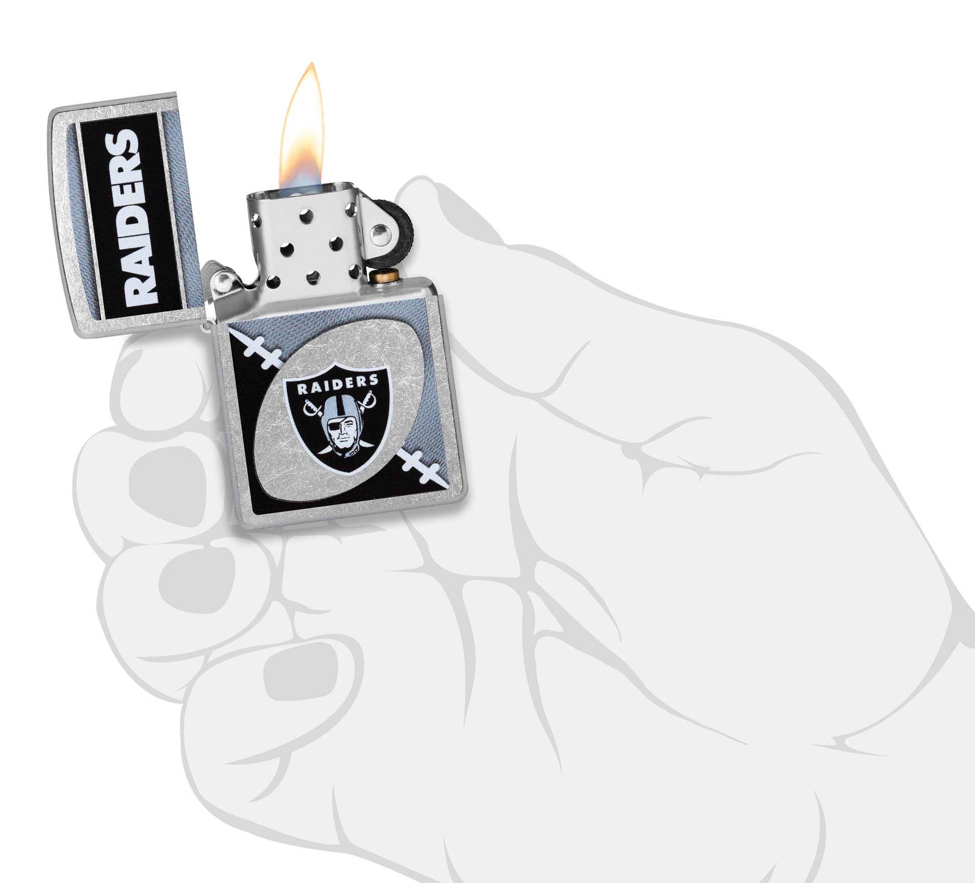 Zippo NFL Las Vegas Raiders Street Chrome Windproof Lighter lit in hand.