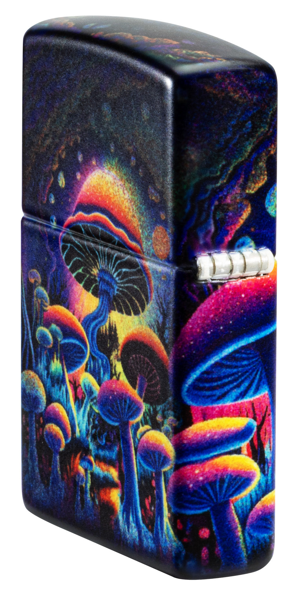 Angled shot of Zippo Zen Frog Design Glow in the Dark Matte Windproof Lighter showing the back and hinge sides of the lighter.