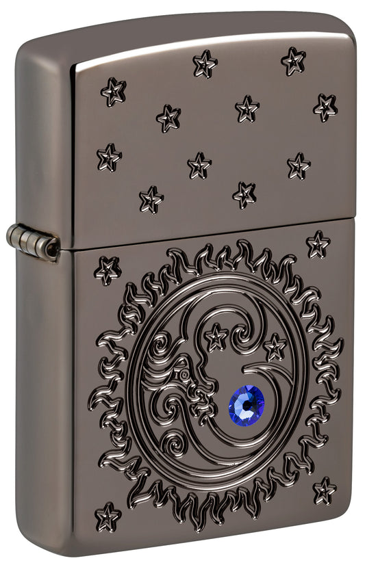 Front shot of Zippo Ocean Crystal Black IceÂ® Windproof Lighter standing at a 3/4 angle.