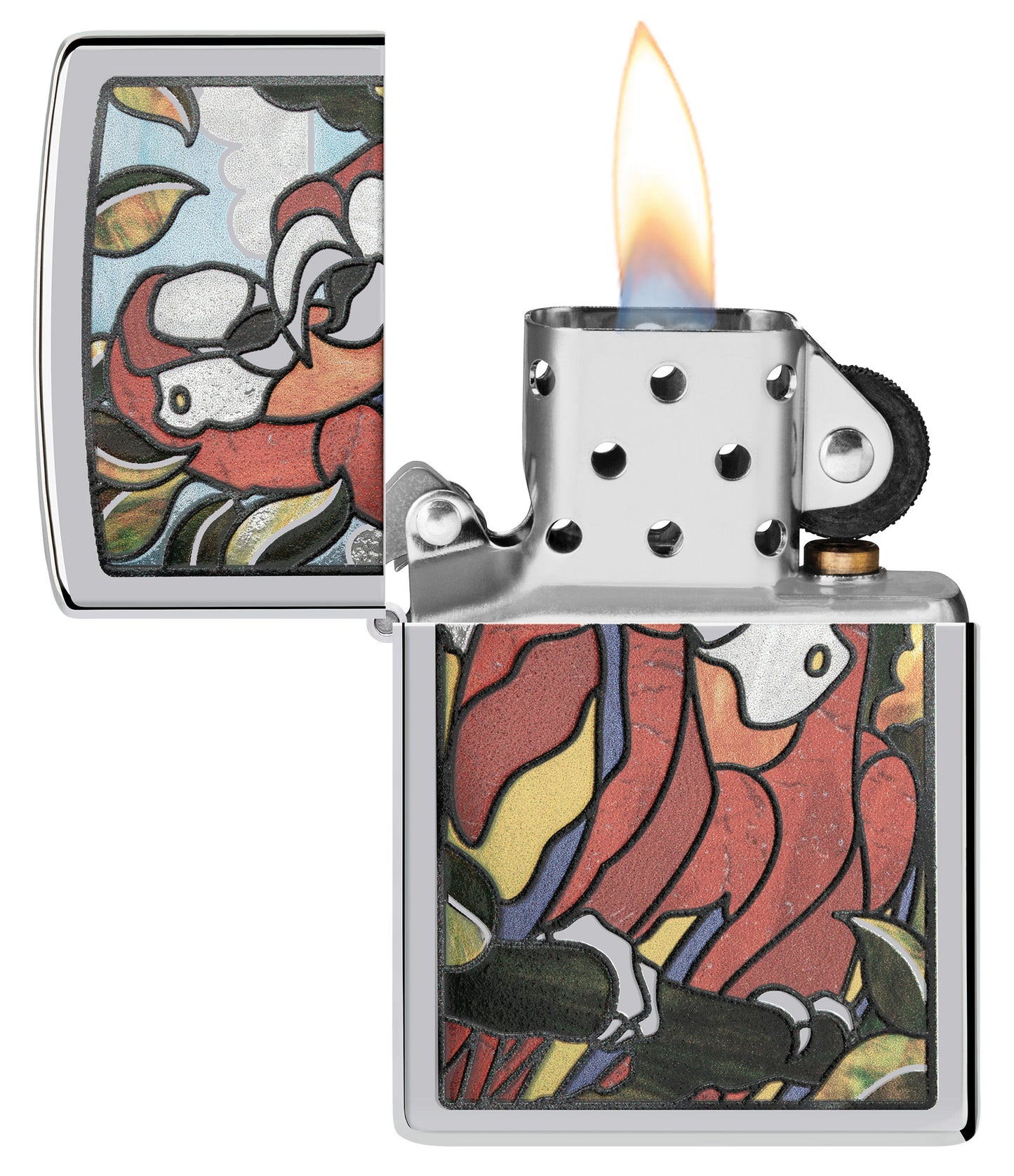 Zippo Parrot Pals Design High Polish Chrome Windproof Lighter with its lid open and lit.