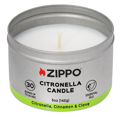 Front view of Zippo Citronella Candle - Cinnamon and Clove unlit without the lid. 
