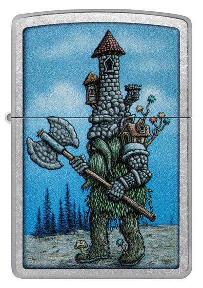 Front view of Zippo Castle Troll Design Street Chrome Windproof Lighter.