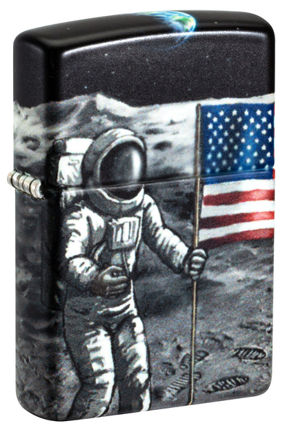 Front shot of Zippo Moon Landing Design Glow in the Dark Windproof Lighter standing at a 3/4 angle.