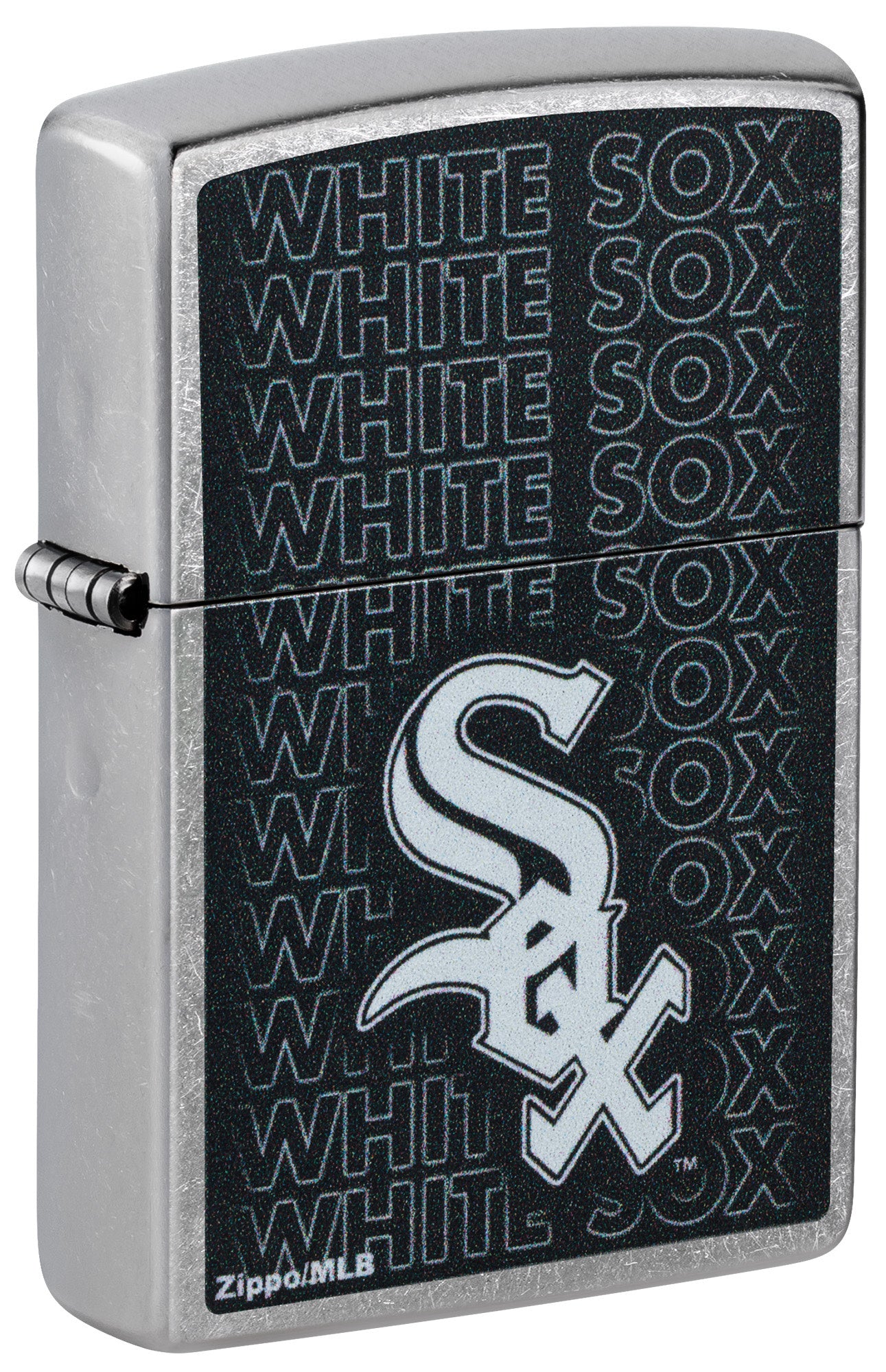 Front shot of Zippo MLB® Chicago White Sox Street Chrome Windproof Lighter standing at a 3/4 angle.